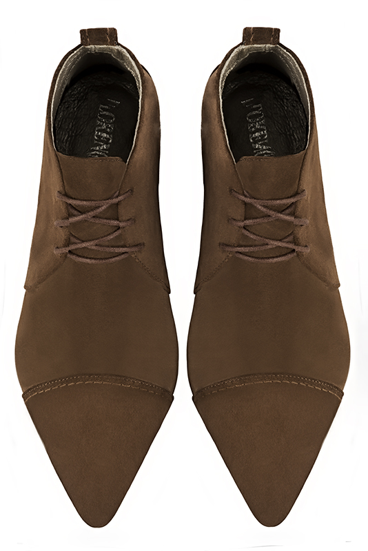 Caramel brown women's ankle boots with laces at the front. Tapered toe. Medium cone heels. Top view - Florence KOOIJMAN